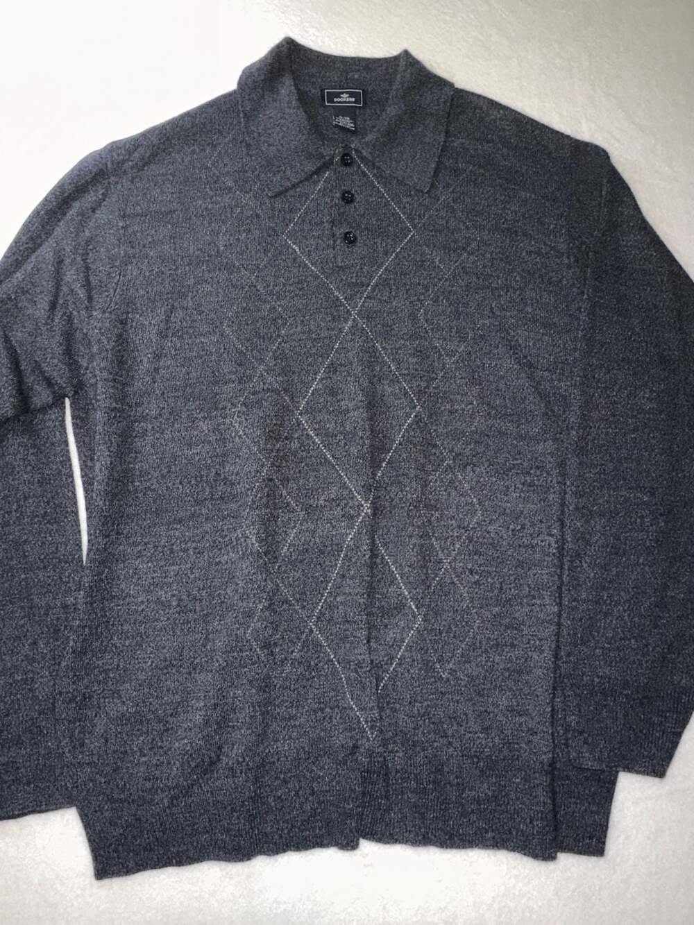 Dockers Men's Long-Sleeve Dark Blue Argyle Pattern Polo Sweater